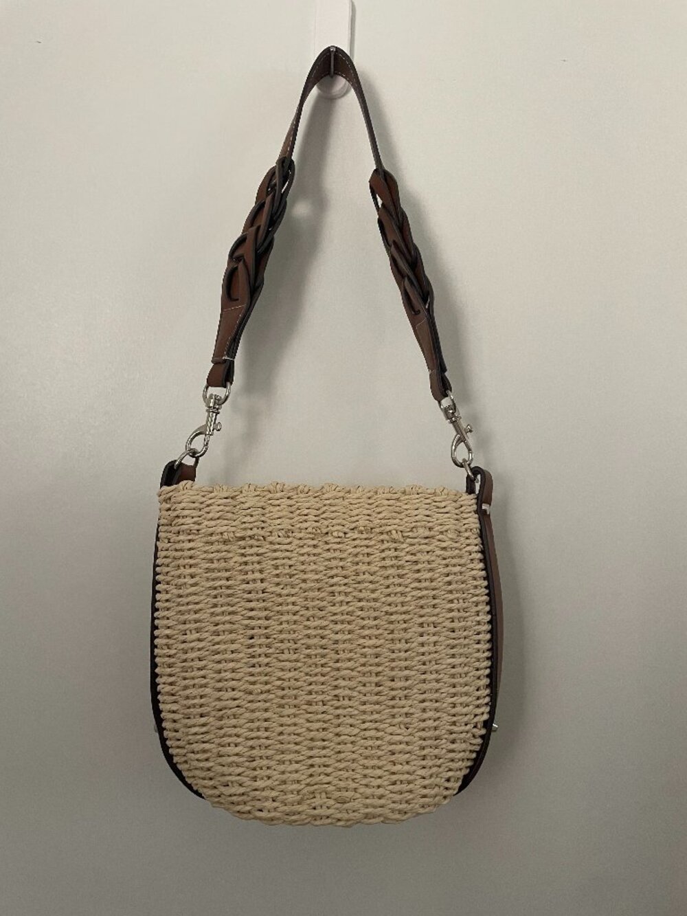 Straw bucket purse with leather straps